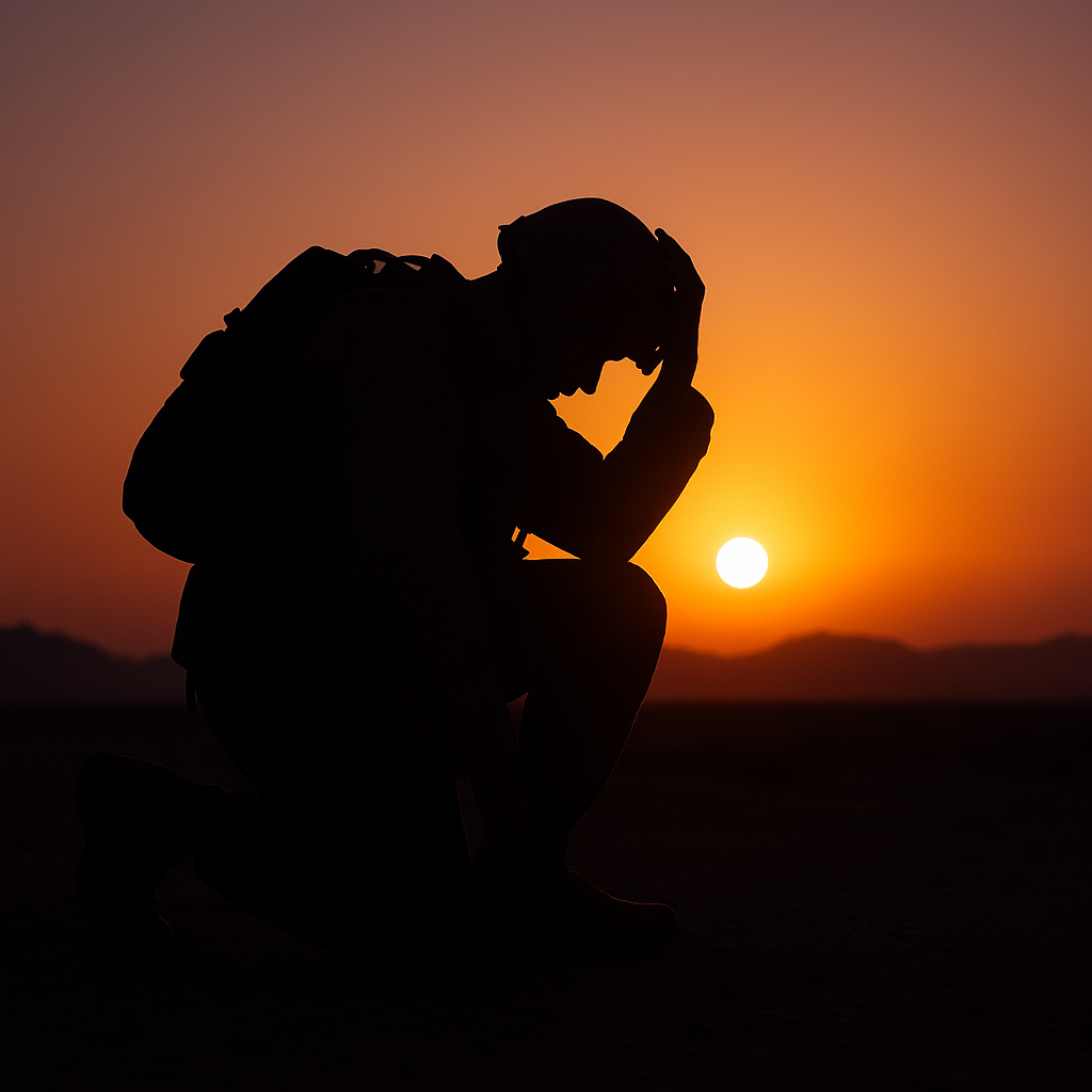 A silhouette of a soldier kneeling at sunset